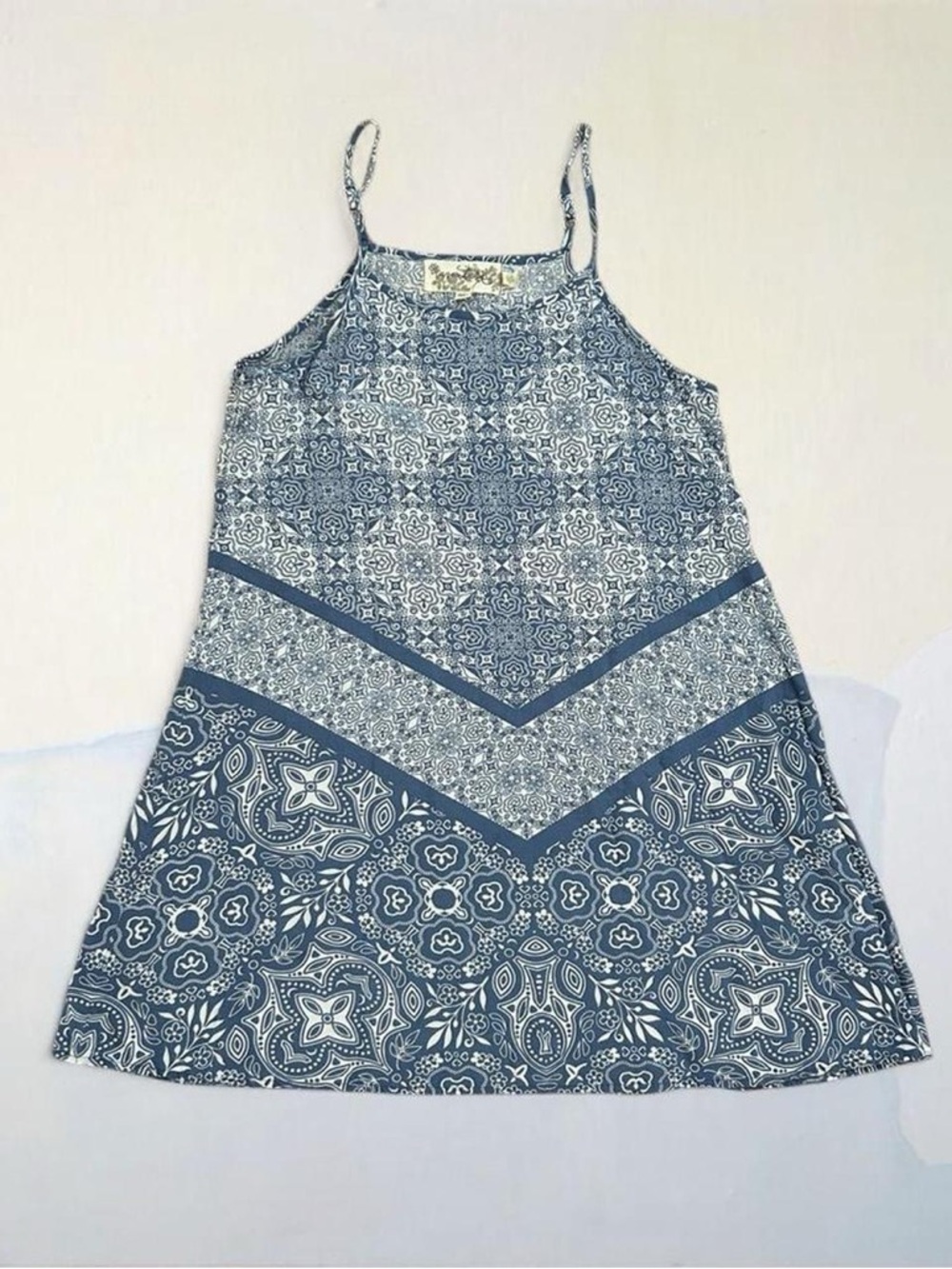 Nautical Preppy Aventura Blue Mini Cotton Dress Size M Abstract Summer Boho